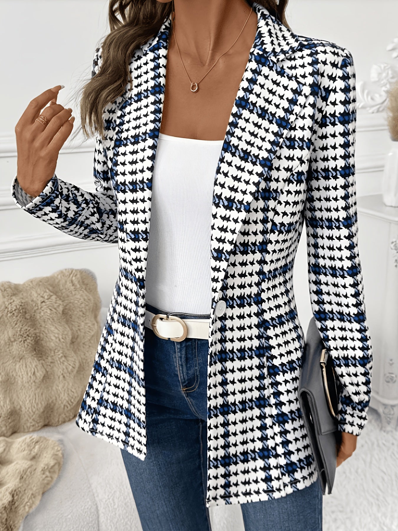 Elegant Black and Blue Houndstooth Blazer for Women with Notched Lapel Long Sleeve Open Front Tailored Style