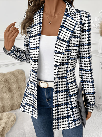 Elegant Black and Blue Houndstooth Blazer for Women with Notched Lapel Long Sleeve Open Front Tailored Style