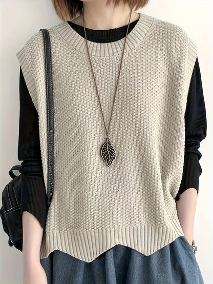 Comfortable Chunky Knit Sweater Vest for Women with Crew Neck Sleeveless Ribbed Trim Oversized Style
