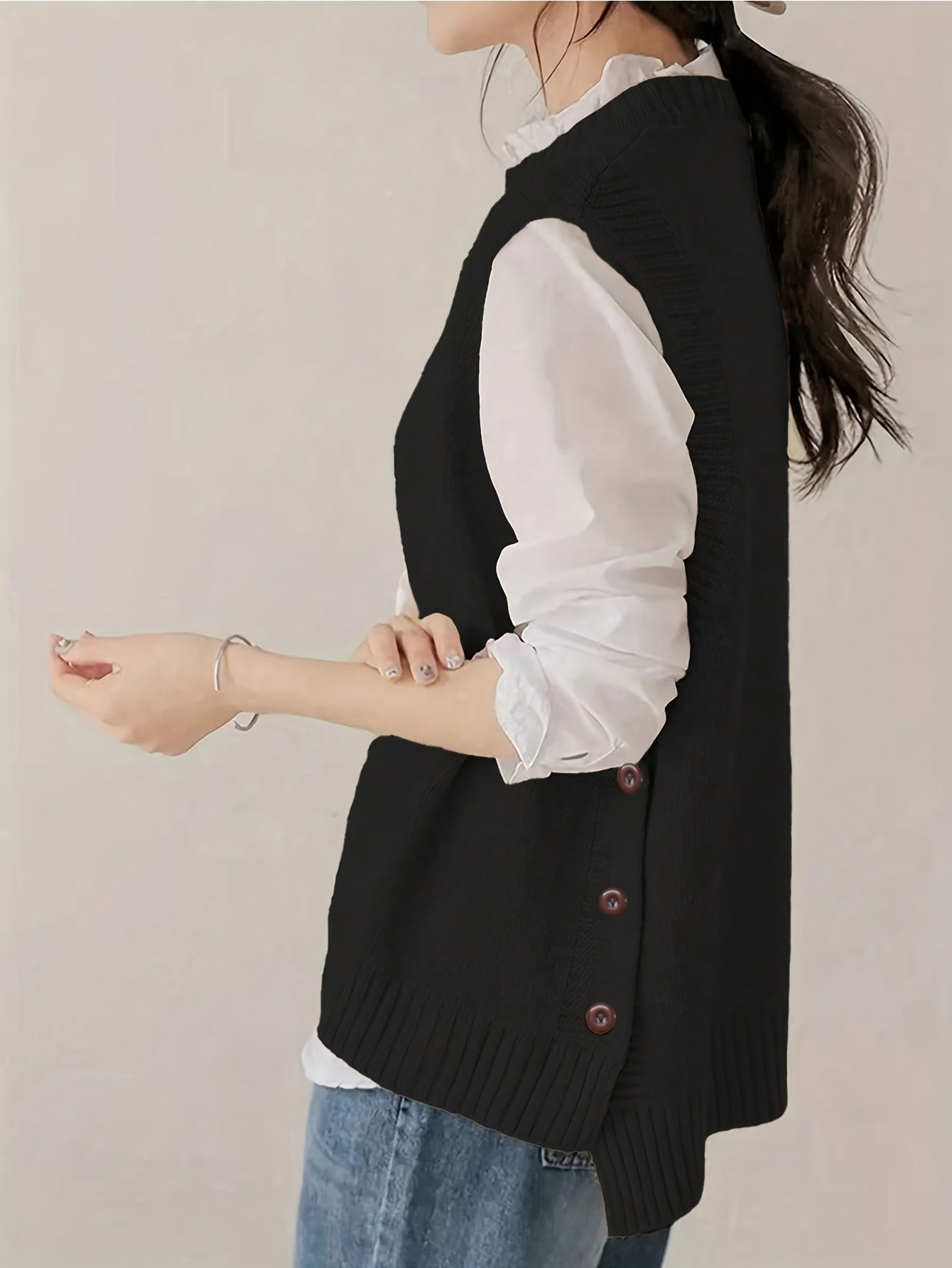 Comfortable Knit Sweater Vest for Women with Mock Neck Sleeveless Side Button Relaxed Style