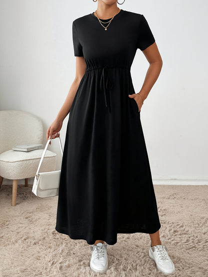 Effortless Drawstring Waist Maxi Dress for Women with Round Neck Short Sleeve Relaxed Flowing Pocket Style
