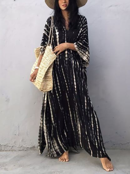 Effortless Tie Dye Maxi Dress for Women with V Neck Bell Sleeve Kaftan Flowing Bohemian Style