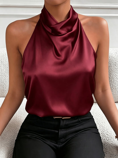 Elegant Satin Halter Top for Women with Cowl Neck Sleeveless Draped Silky Style
