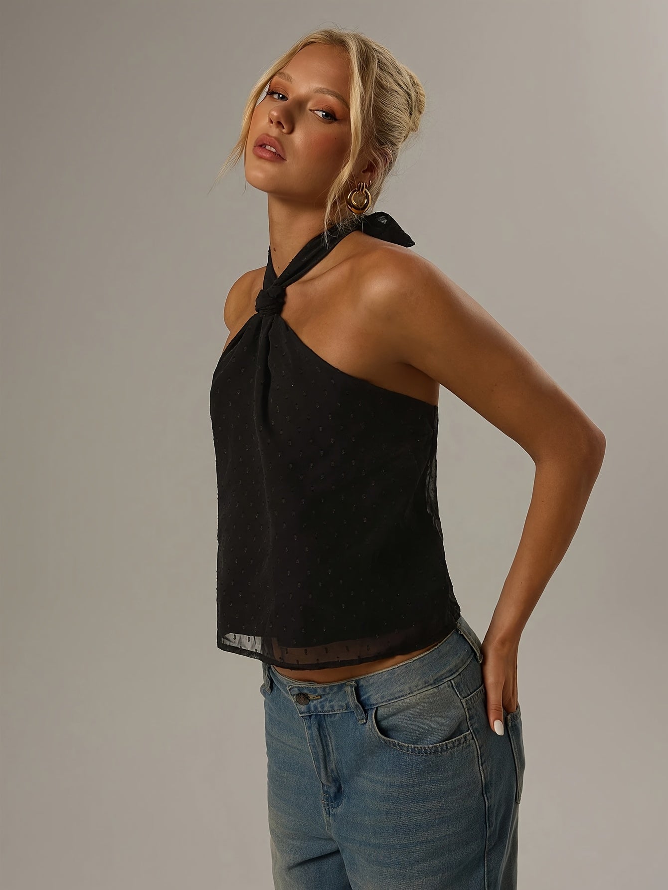 Elegant Black Swiss Dot Halter Top for Women with Sleeveless Sheer Tie Back Cropped Style