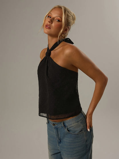 Elegant Black Swiss Dot Halter Top for Women with Sleeveless Sheer Tie Back Cropped Style