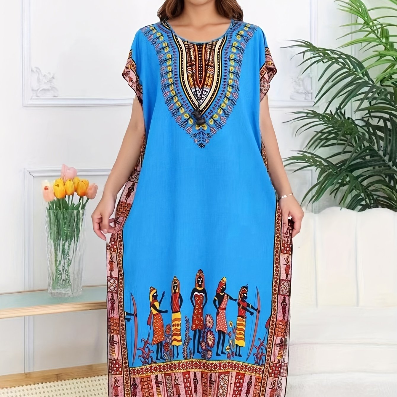 Effortless Tribal Print Kaftan Dress for Women with V Neck Short Sleeve Embroidered Flowing Bohemian Style