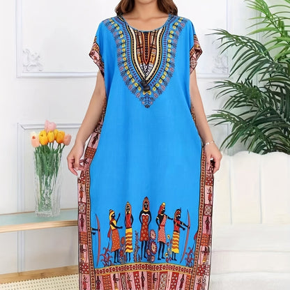 Effortless Tribal Print Kaftan Dress for Women with V Neck Short Sleeve Embroidered Flowing Bohemian Style