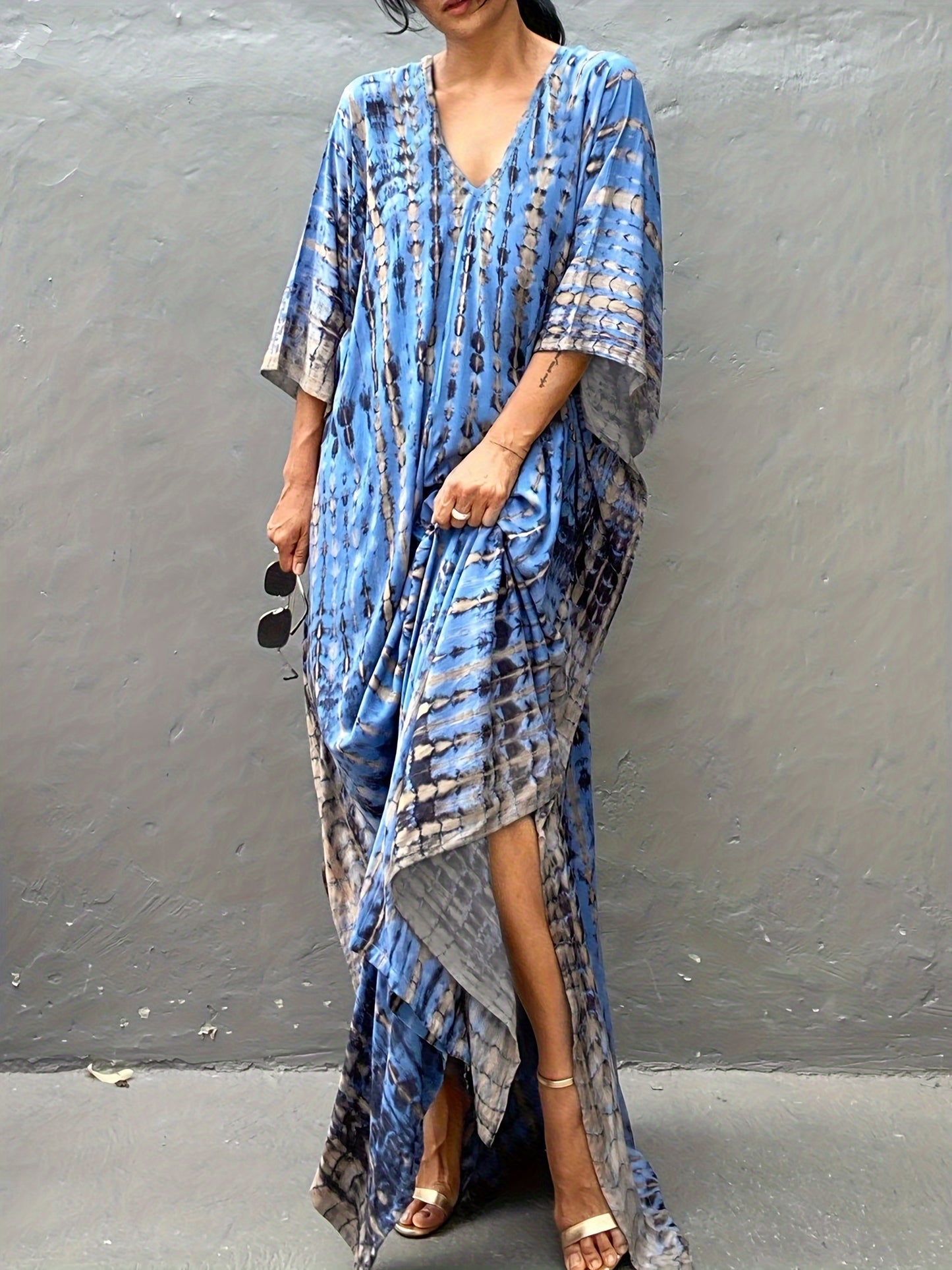 Effortless Tie Dye Maxi Dress for Women with V Neck Bell Sleeve Kaftan Flowing Bohemian Style