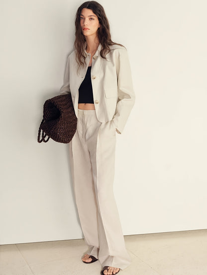 Elegant Apricot Wide Leg Set for Women with Collar Long Sleeve Button Front Cropped Jacket Two Piece Style