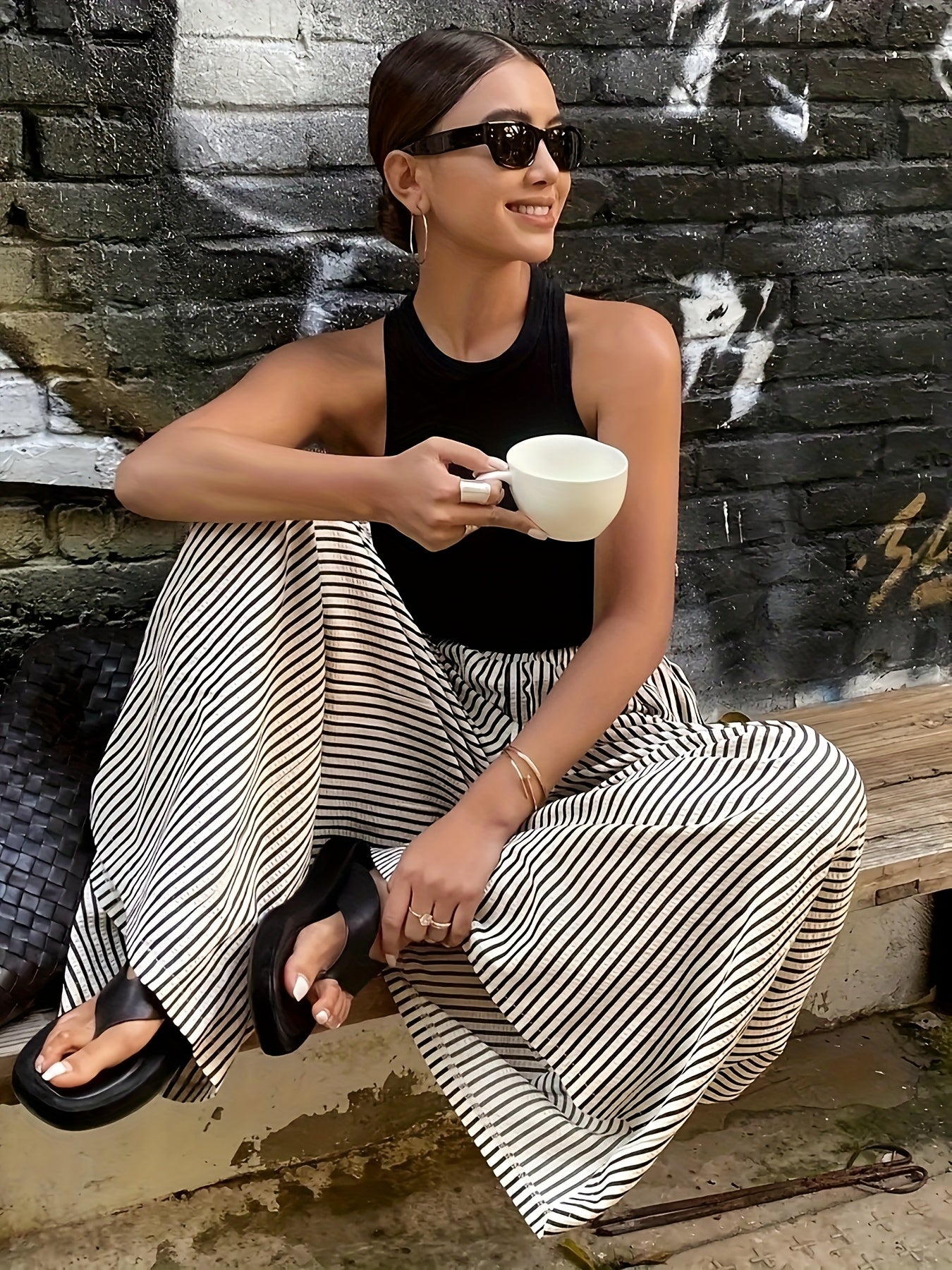 Effortless Black and Cream Striped Wide Leg Pants for Women with High Waist Elastic Flowing Palazzo Style