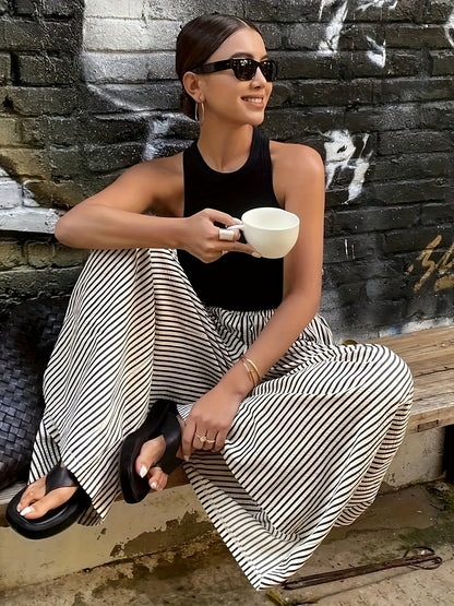 Effortless Black and Cream Striped Wide Leg Pants for Women with High Waist Elastic Flowing Palazzo Style