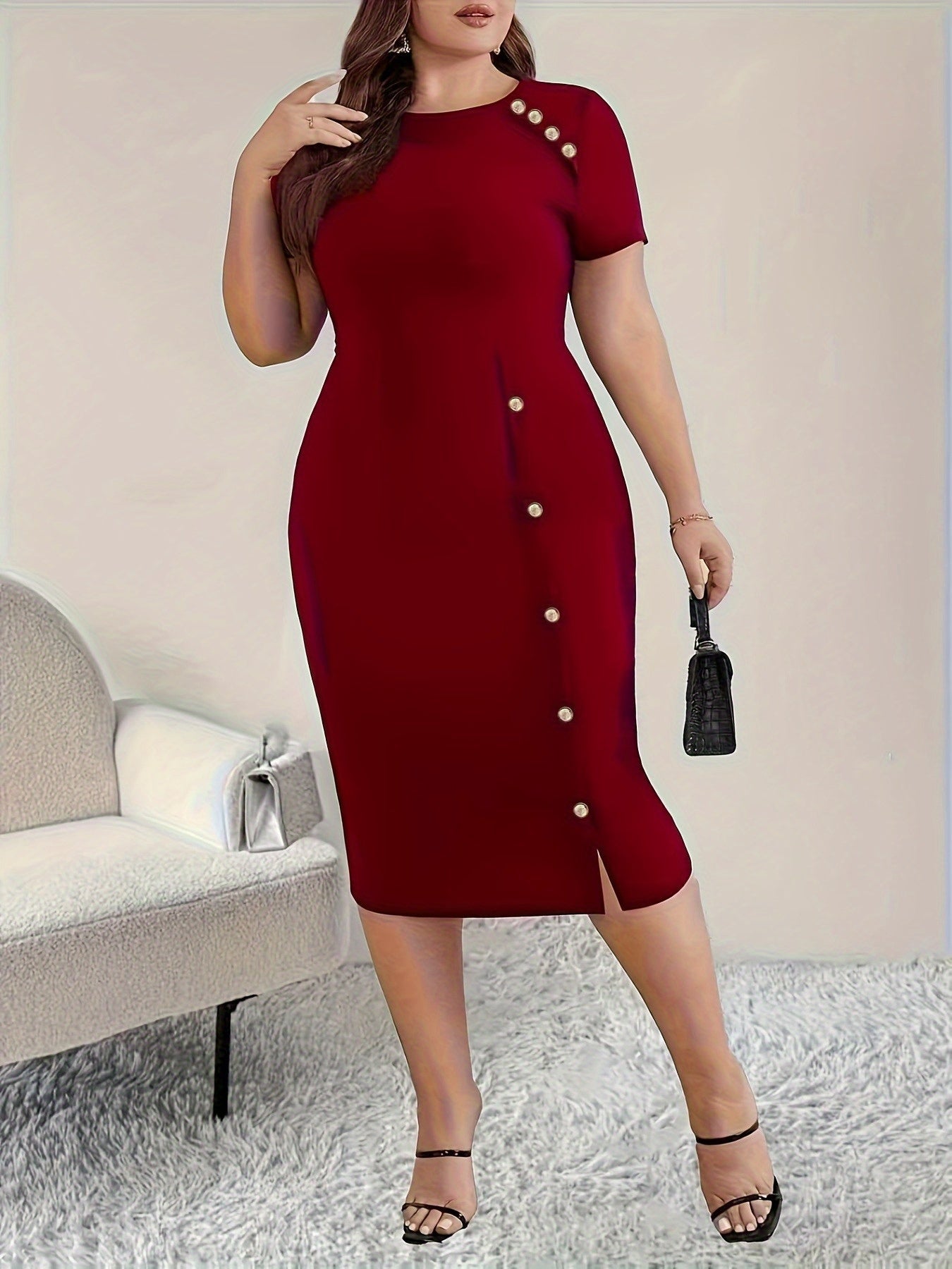 Elegant Bodycon Midi Dress for Women with Round Neck Short Sleeve Pearl Button Side Slit Cocktail Style