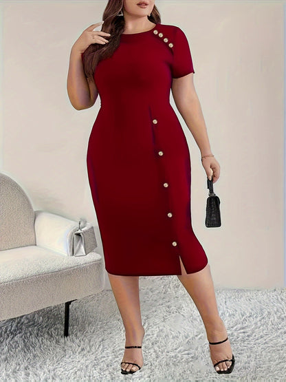 Elegant Bodycon Midi Dress for Women with Round Neck Short Sleeve Pearl Button Side Slit Cocktail Style
