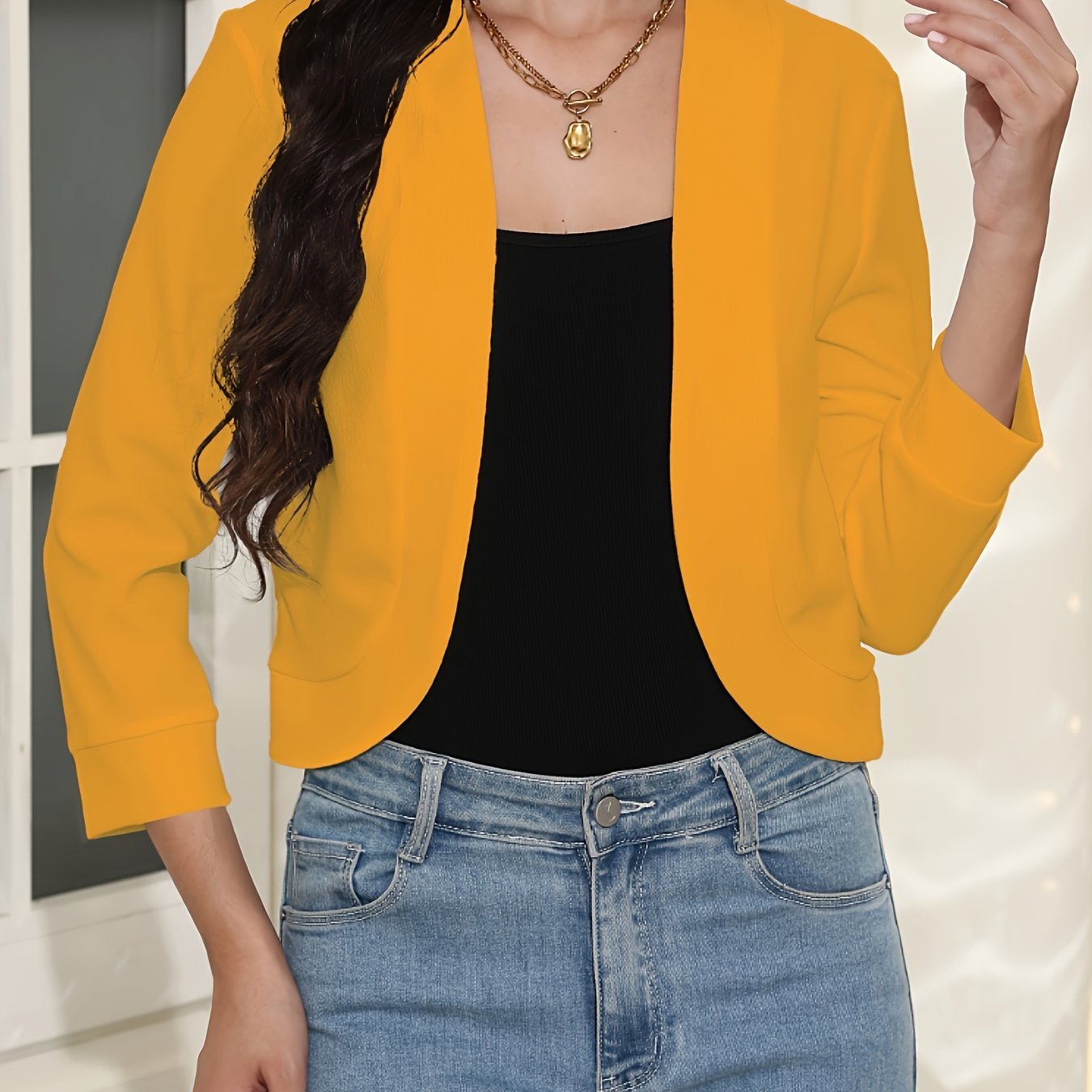 Effortless Cropped Knit Jacket for Women with Open Front Elbow Sleeve Relaxed Casual Style