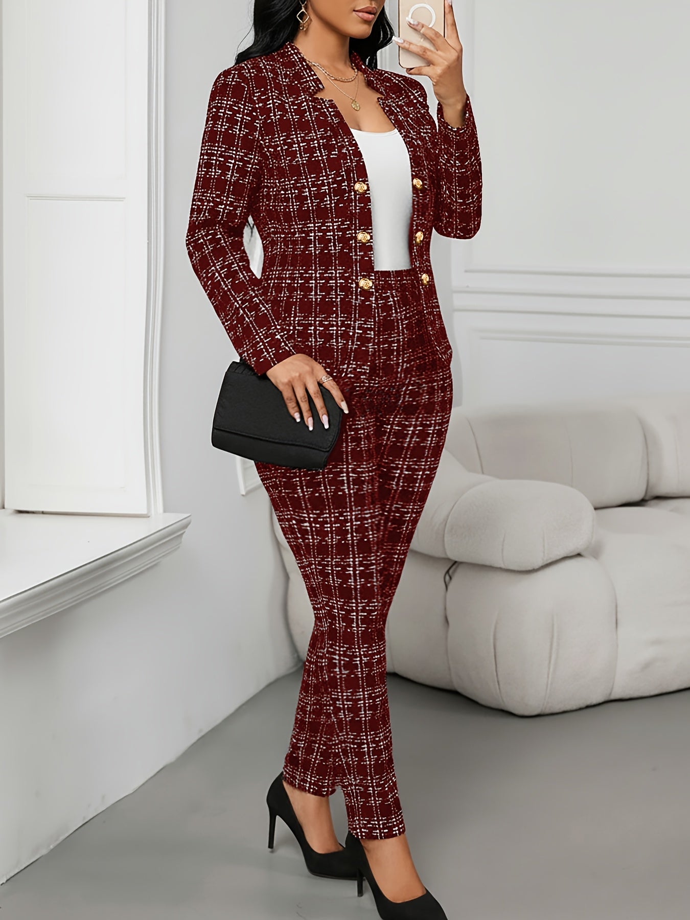 Elegant Plaid Tweed Two Piece Set for Women with Open Front Long Sleeve Blazer Tapered Pant Style