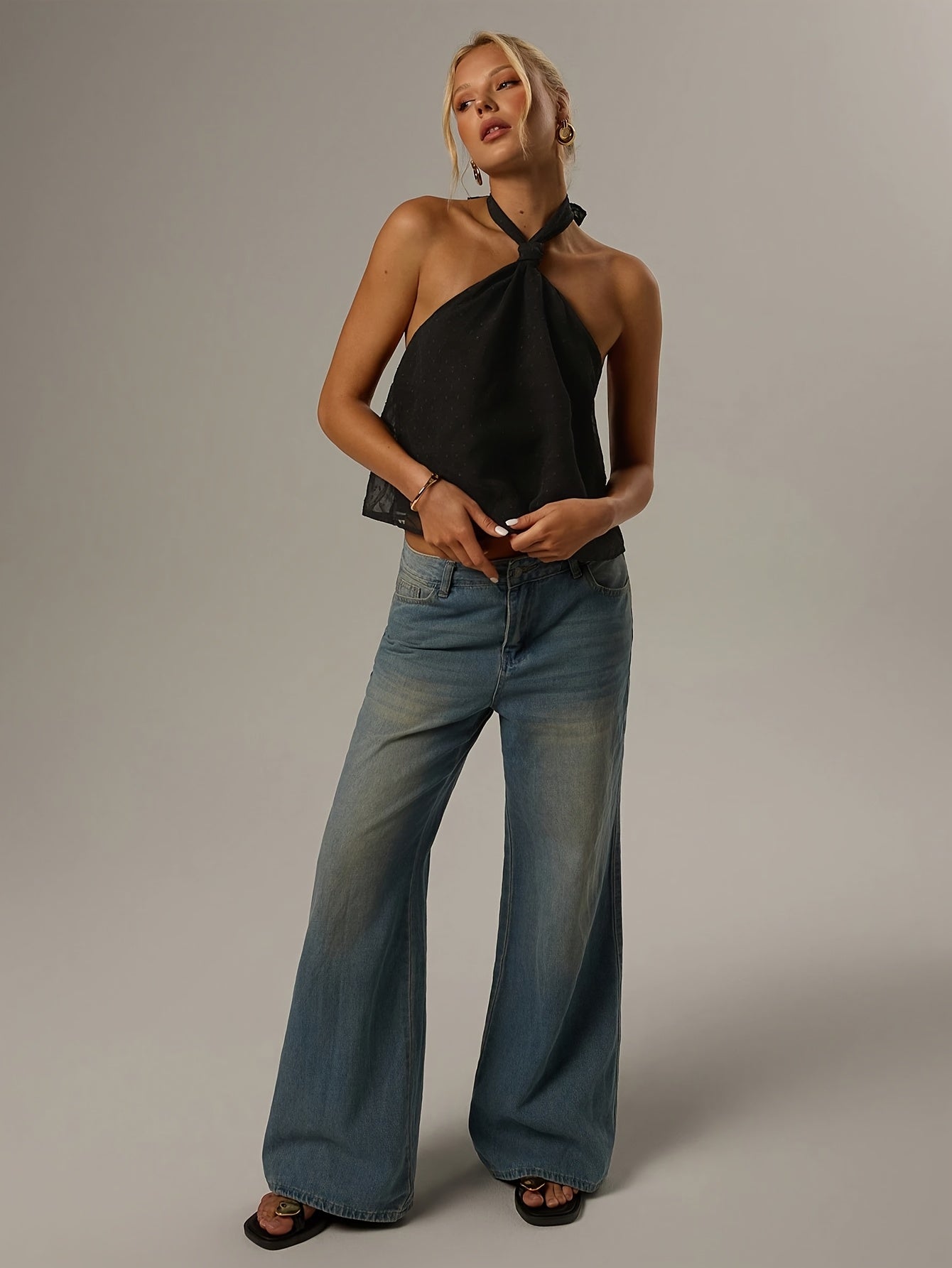 Elegant Black Swiss Dot Halter Top for Women with Sleeveless Sheer Tie Back Cropped Style