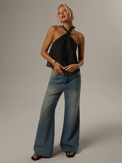 Elegant Black Swiss Dot Halter Top for Women with Sleeveless Sheer Tie Back Cropped Style