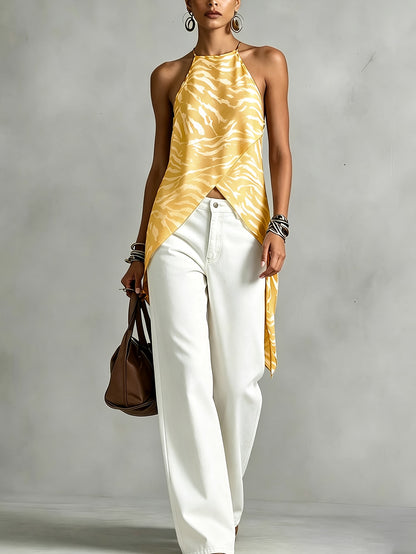 Elegant Brown Zebra Print Halter Top for Women with Sleeveless Asymmetrical Wrap Hem Flowing Style