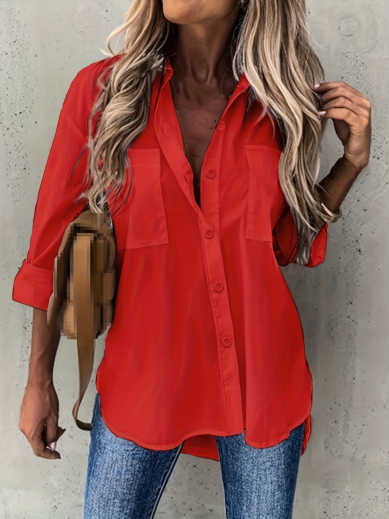 Effortless Button Front Blouse for Women with Collar Long Sleeve Chest Pocket Relaxed Style