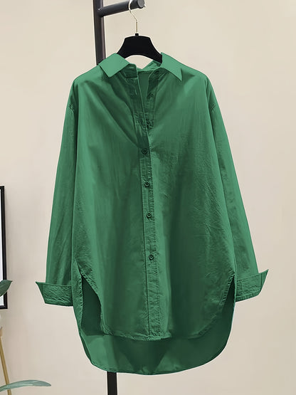Effortless Cotton Blouse for Women with Collar Long Sleeve High Low Relaxed Oversized Style