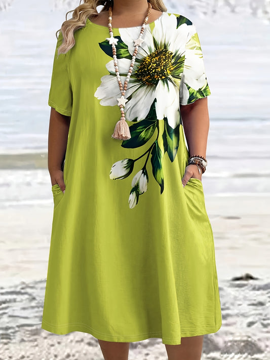Effortless Multicolor Floral Midi Dress for Women with Round Neck Short Sleeve Relaxed Swing Casual Style
