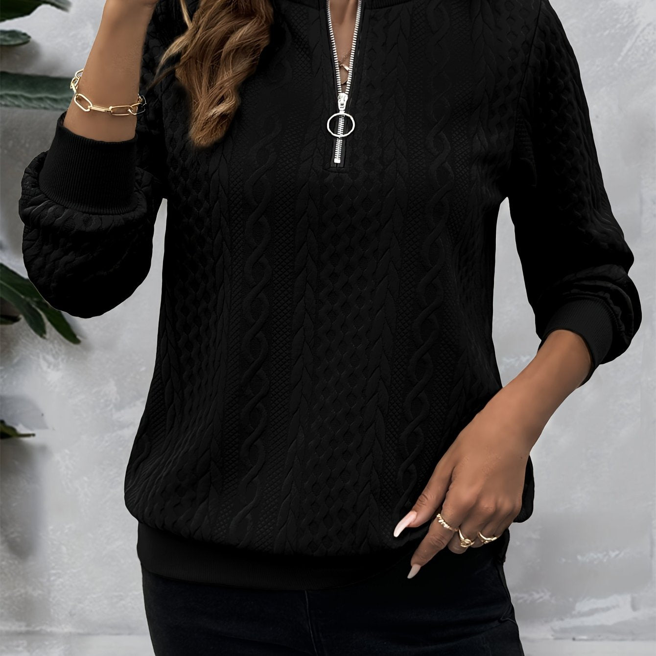 Comfortable Cable Knit Sweater for Women with Zip Crew Neck Long Sleeve Textured Relaxed Style