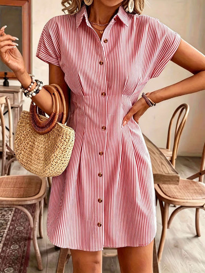 Elegant Striped Short-Sleeve A-Line Shirt Dress for Women, High-Waist Button-Up Casual Summer Office Dress in Light Pastel, Comfortable Polyester Fabric, French-Style, Solid Color, Women's Shirt Dress, Casual Shirt Dress, High-Waist, Office Dress