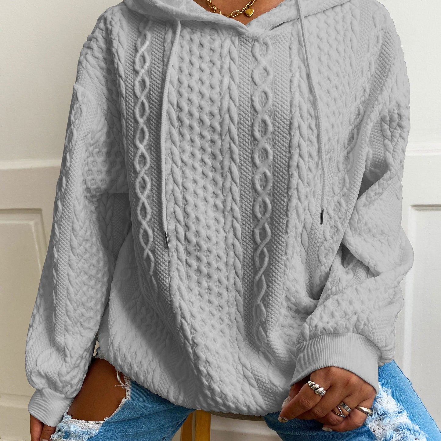 Plus Size Casual Hoodie, Women's Plus Solid Ribbed Long Sleeve Slight Stretch Hoodie Drawstring Sweatshirt