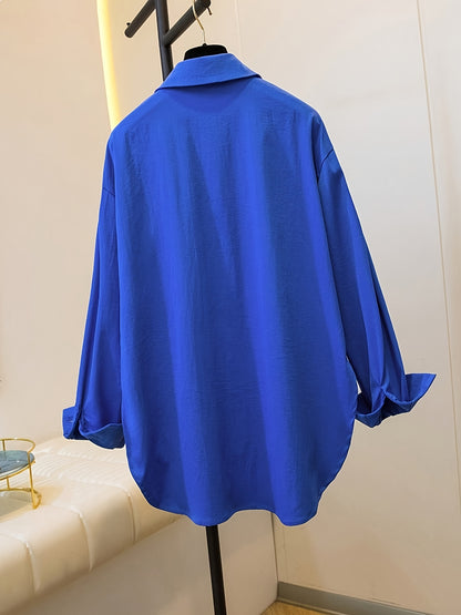 Effortless Cotton Blouse for Women with Collar Long Sleeve High Low Relaxed Oversized Style