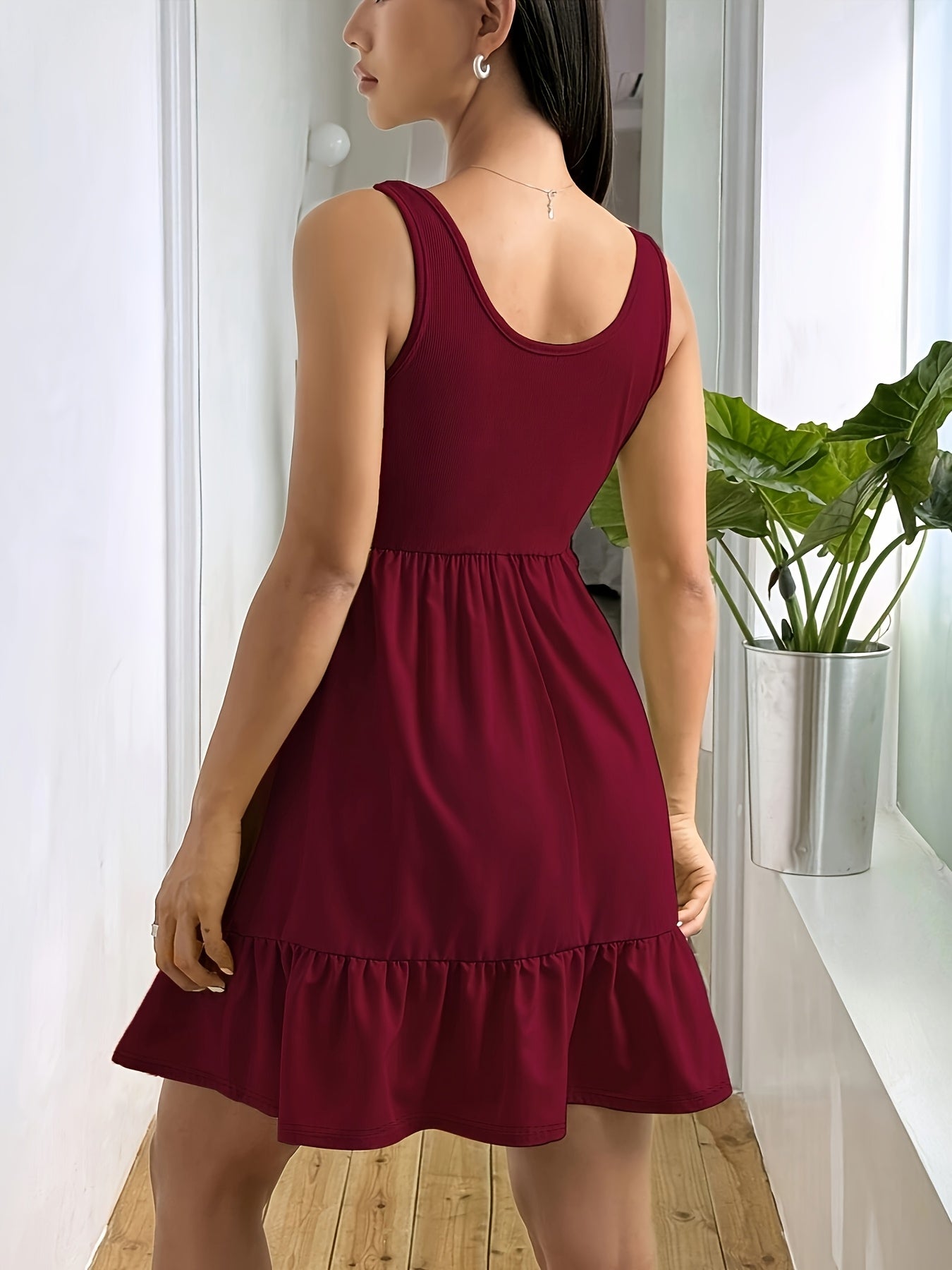 Effortless Ribbed Tiered Mini Dress for Women with Square Neck Sleeveless Smocked Waist Flowy Style