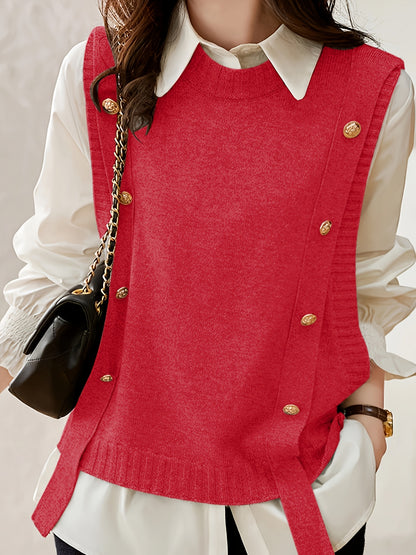 Comfortable Sweater Vest for Women with Round Neck Sleeveless Button Detail Relaxed Knit Style
