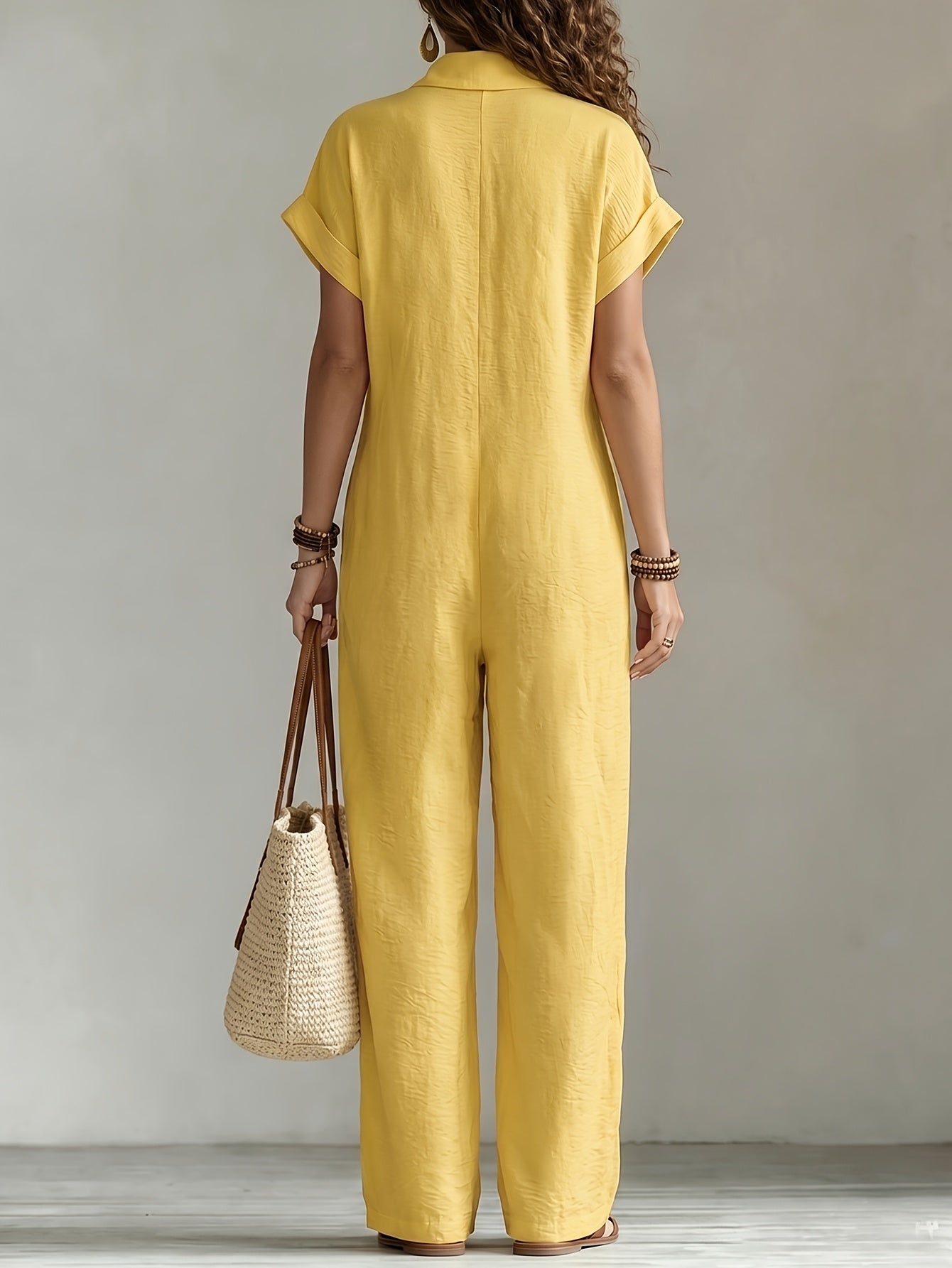 Effortless Linen Jumpsuit for Women with Collar Short Sleeve Button Front Wide Leg Casual Style