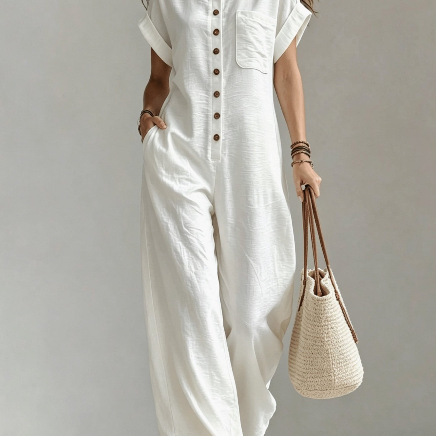 Effortless Linen Jumpsuit for Women with Collar Short Sleeve Button Front Wide Leg Casual Style