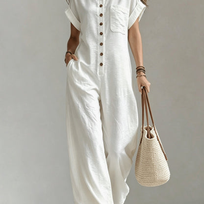 Effortless Linen Jumpsuit for Women with Collar Short Sleeve Button Front Wide Leg Casual Style
