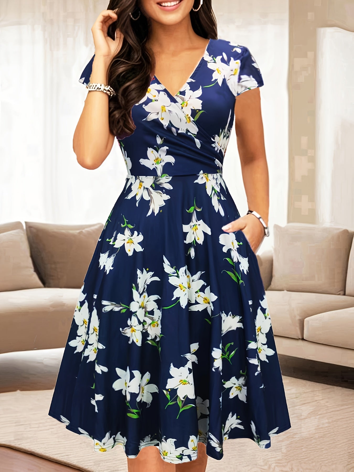 Elegant Floral Midi Dress for Women with V Neck Short Sleeve Wrap Fit and Flare Style