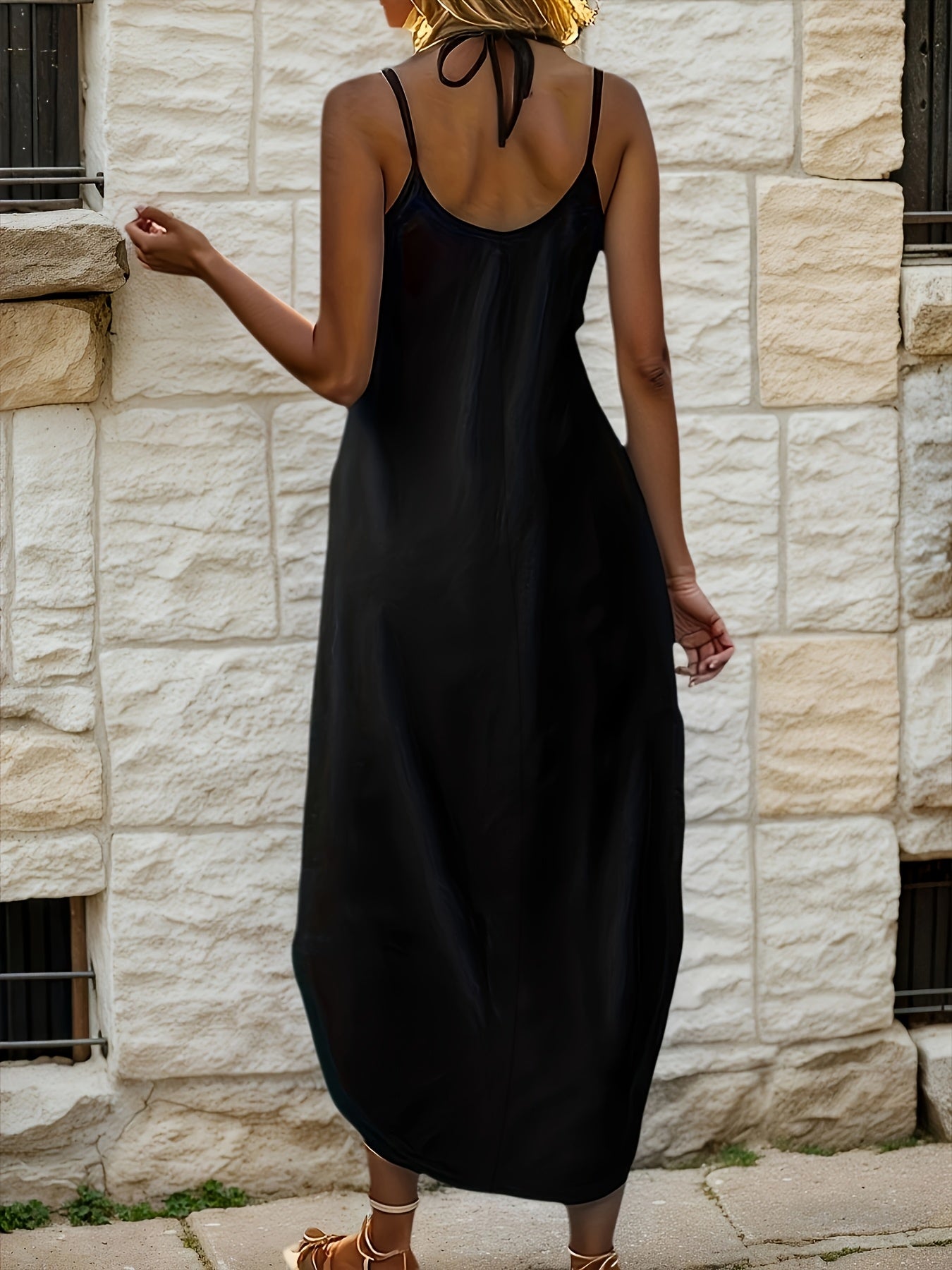 Elegant Black Maxi Dress for Women with V Neck Sleeveless Cocoon Flowing Bohemian Style
