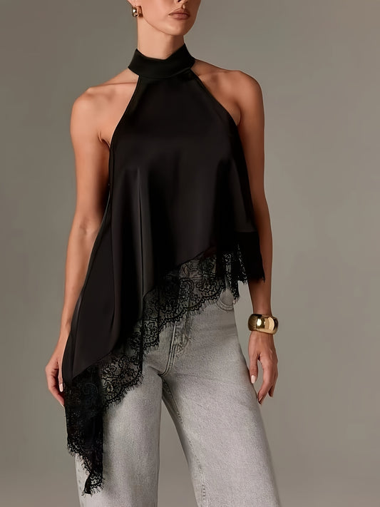 Elegant Satin Asymmetric Blouse for Women with Halter Neck Sleeveless Lace Trim Flowing Style