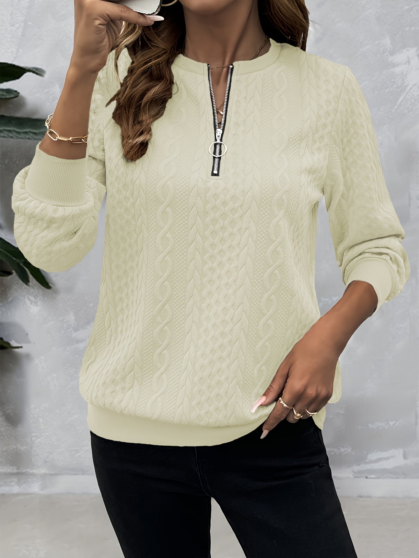 Comfortable Cable Knit Sweater for Women with Zip Crew Neck Long Sleeve Textured Relaxed Style