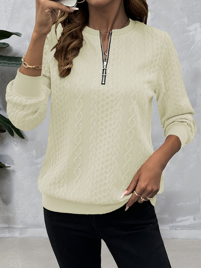 Comfortable Cable Knit Sweater for Women with Zip Crew Neck Long Sleeve Textured Relaxed Style