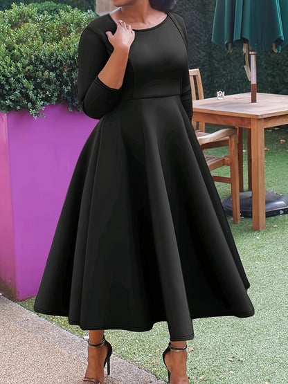 Elegant A Line Midi Dress for Women with Round Neck Elbow Sleeve Fit and Flare Style