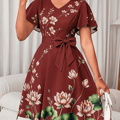 Elegant Floral Midi Dress for Women with V Neck Flutter Sleeve Bow Belt Flowing Style