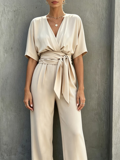 Elegant Wrap Jumpsuit for Women with V Neck Kimono Sleeve Belted Wide Leg Style