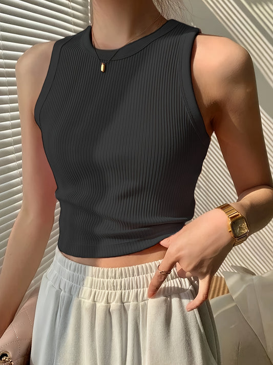 Effortless Ribbed Crop Top for Women with Crew Neck Sleeveless Racerback Fitted Tank Style