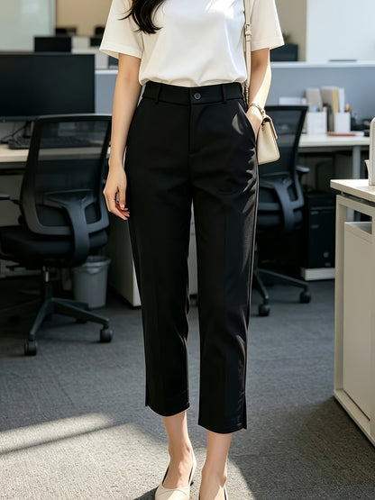 Elegant Tailored Trousers for Women with High Waist Button Front Cropped Slit Hem Casual Style