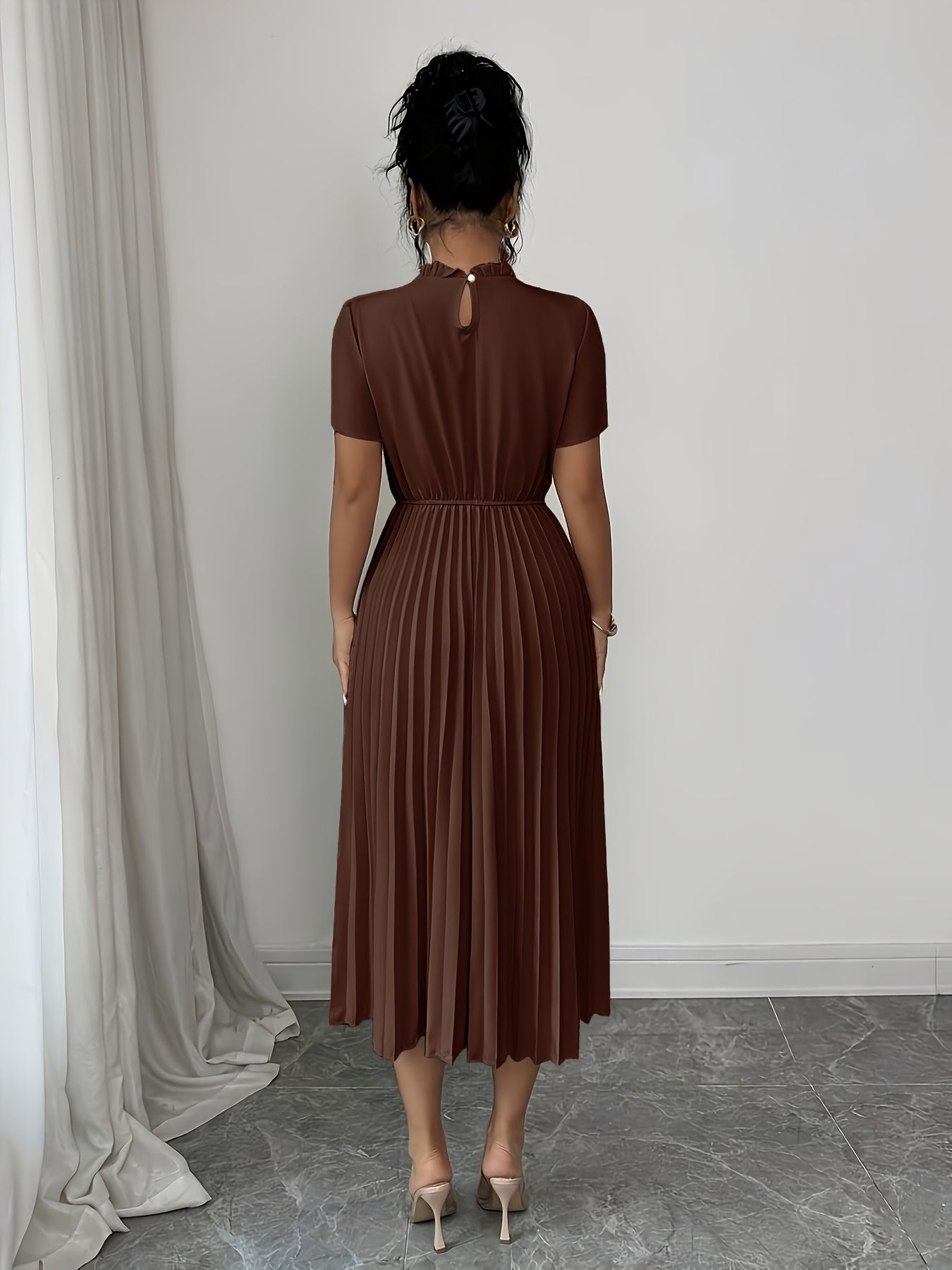 Elegant Apricot Pleated Midi Dress for Women with Ruffle Mock Neck Short Sleeve Pearl Detail Flowing Style