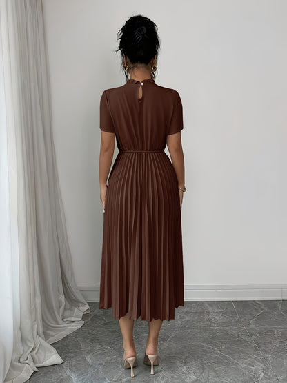 Elegant Apricot Pleated Midi Dress for Women with Ruffle Mock Neck Short Sleeve Pearl Detail Flowing Style