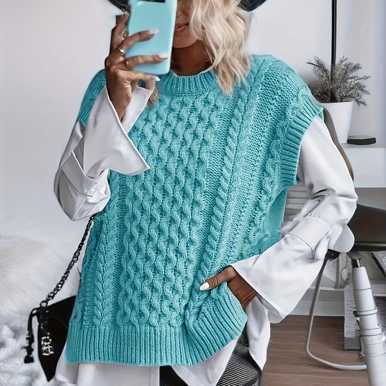 Comfortable Cable Knit Sweater Vest for Women with Crew Neck Sleeveless Oversized Relaxed Style