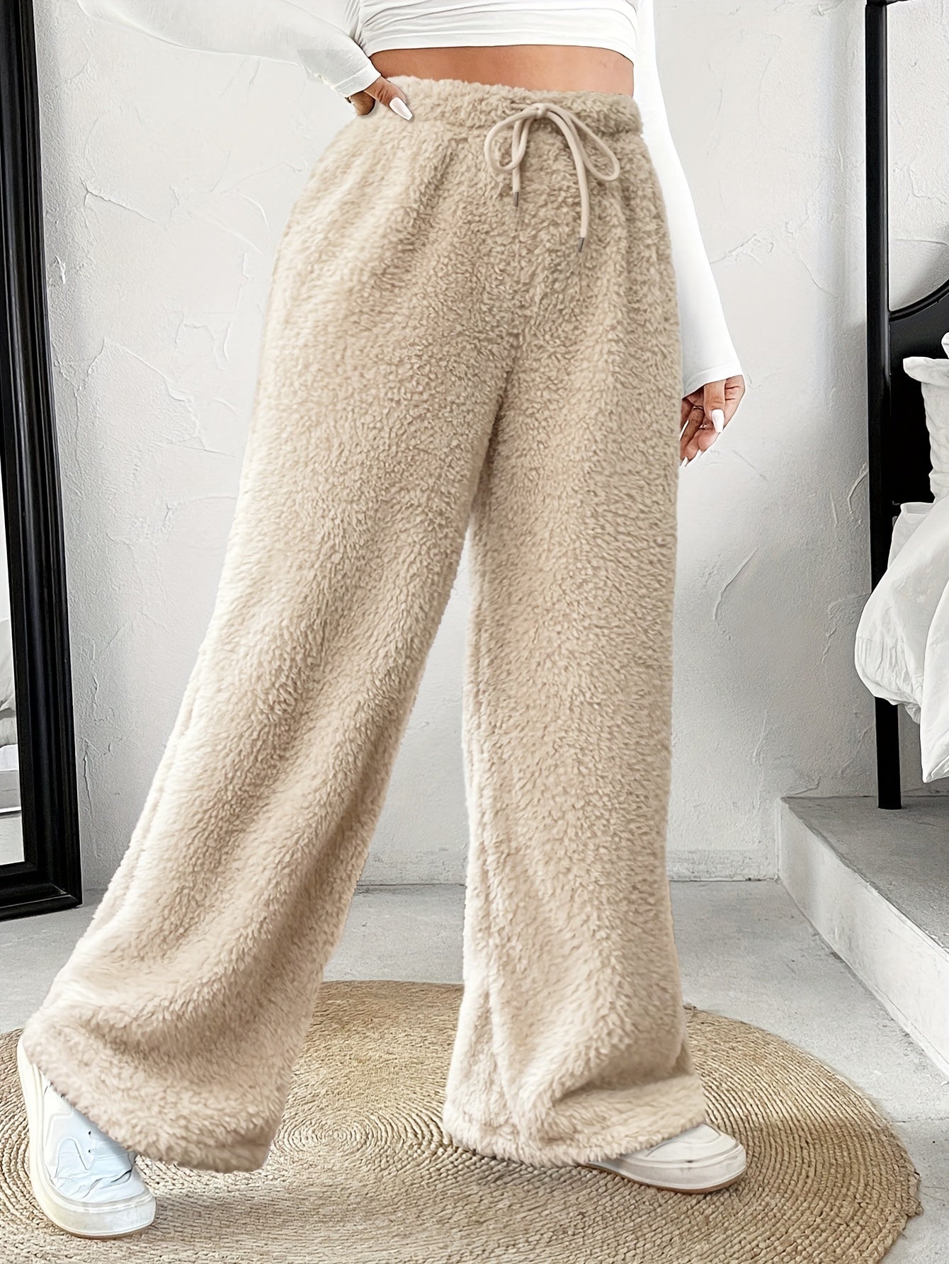 Comfortable Sherpa Wide Leg Pants for Women with High Waist Drawstring Relaxed Flowing Casual Style