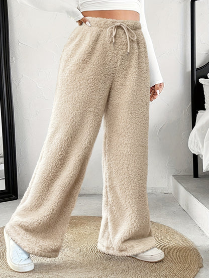 Comfortable Sherpa Wide Leg Pants for Women with High Waist Drawstring Relaxed Flowing Casual Style
