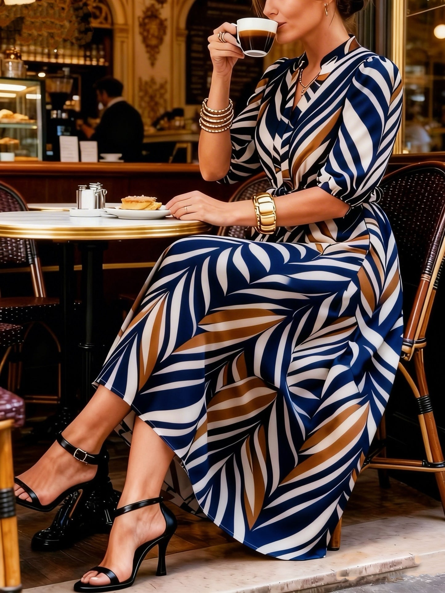 Effortless Chevron Print Maxi Dress for Women with V Neck Elbow Sleeve Wrap Tie Waist Flowing Style